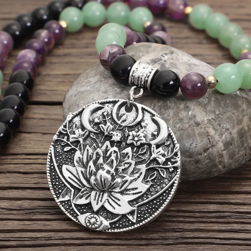 Dongling Long yoga necklace and bracelet set with stone beads and lotus pendant
