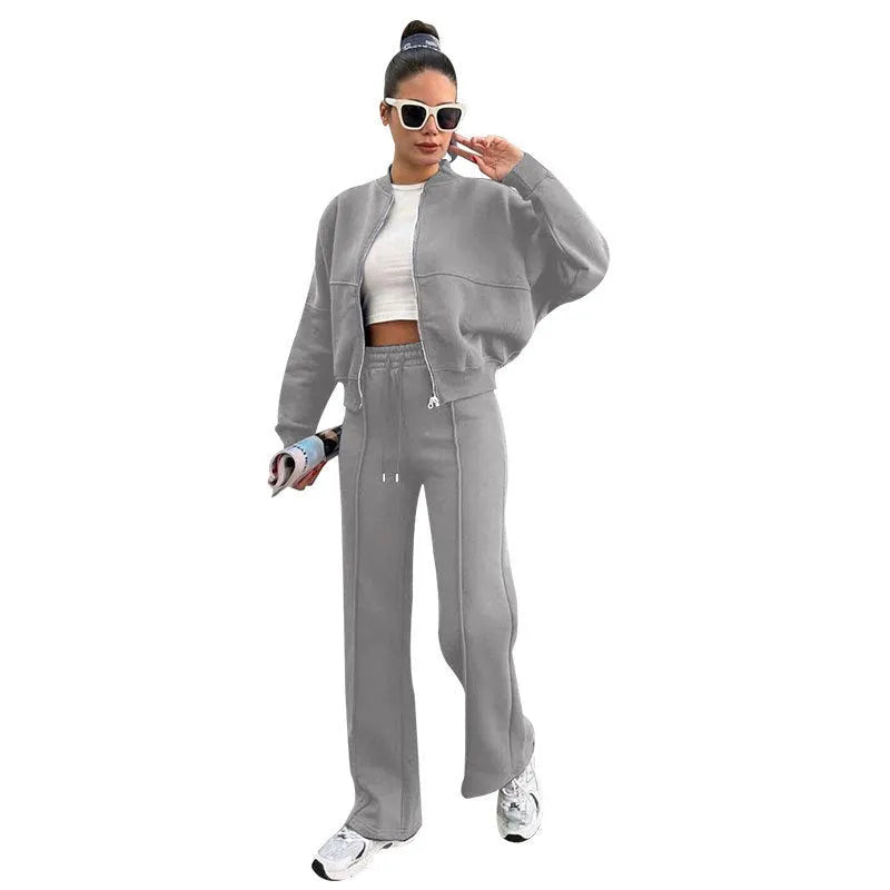 Women's fleece zipper cardigan and straight trousers suit in seven colours, long sleeve, collage stitching, sizes S to XXL