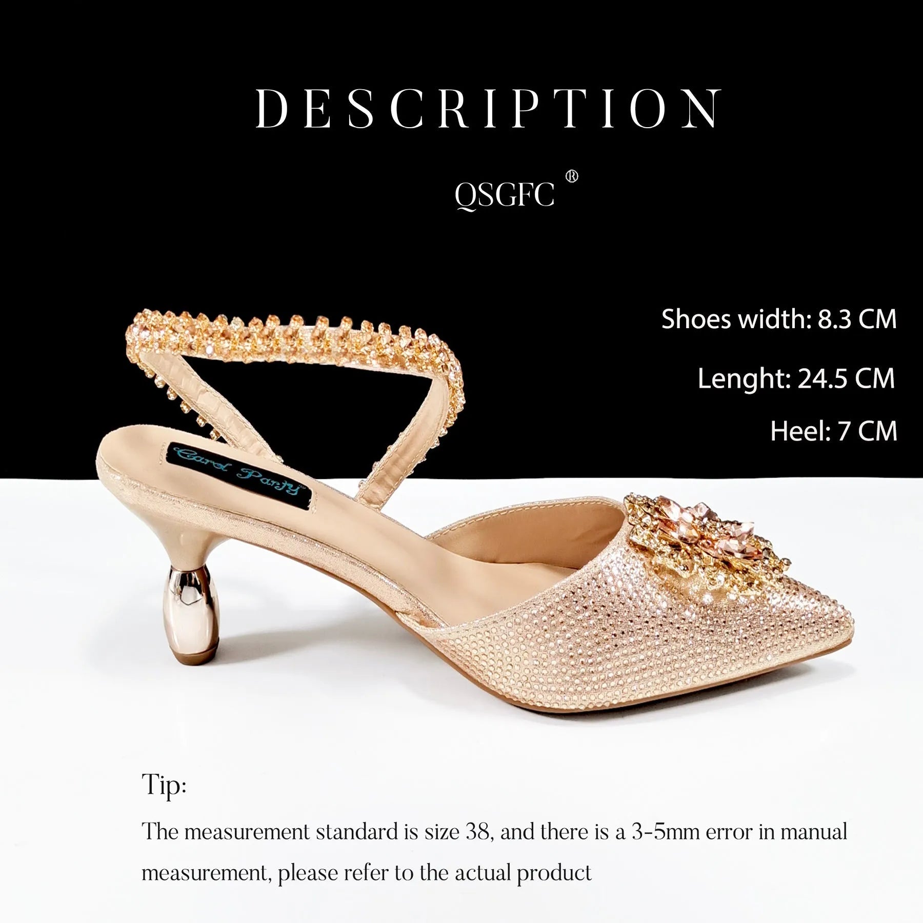 Women's black high heel and matching clutch bag set with rhinestone floral decoration and pointed toe.