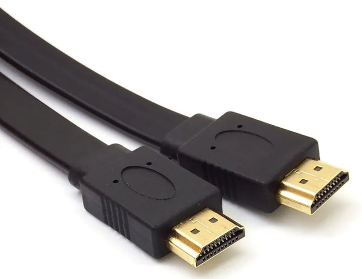 Flat plug HDMI cable shown at different lengths for TV and computer monitor connection.