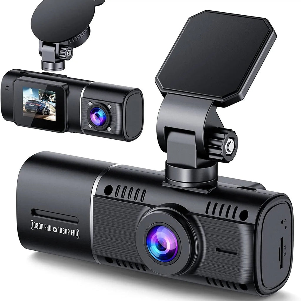 Standard black 1080p dashcam car camera with a 1.5-inch screen, shown with its car charger and mounting stand.