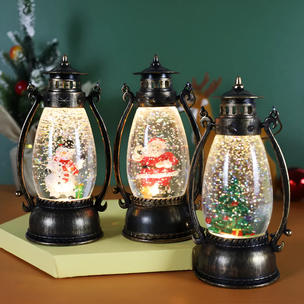 Plastic crystal ball oil lamp with LED light showing snowman and elderly figure Christmas decoration options