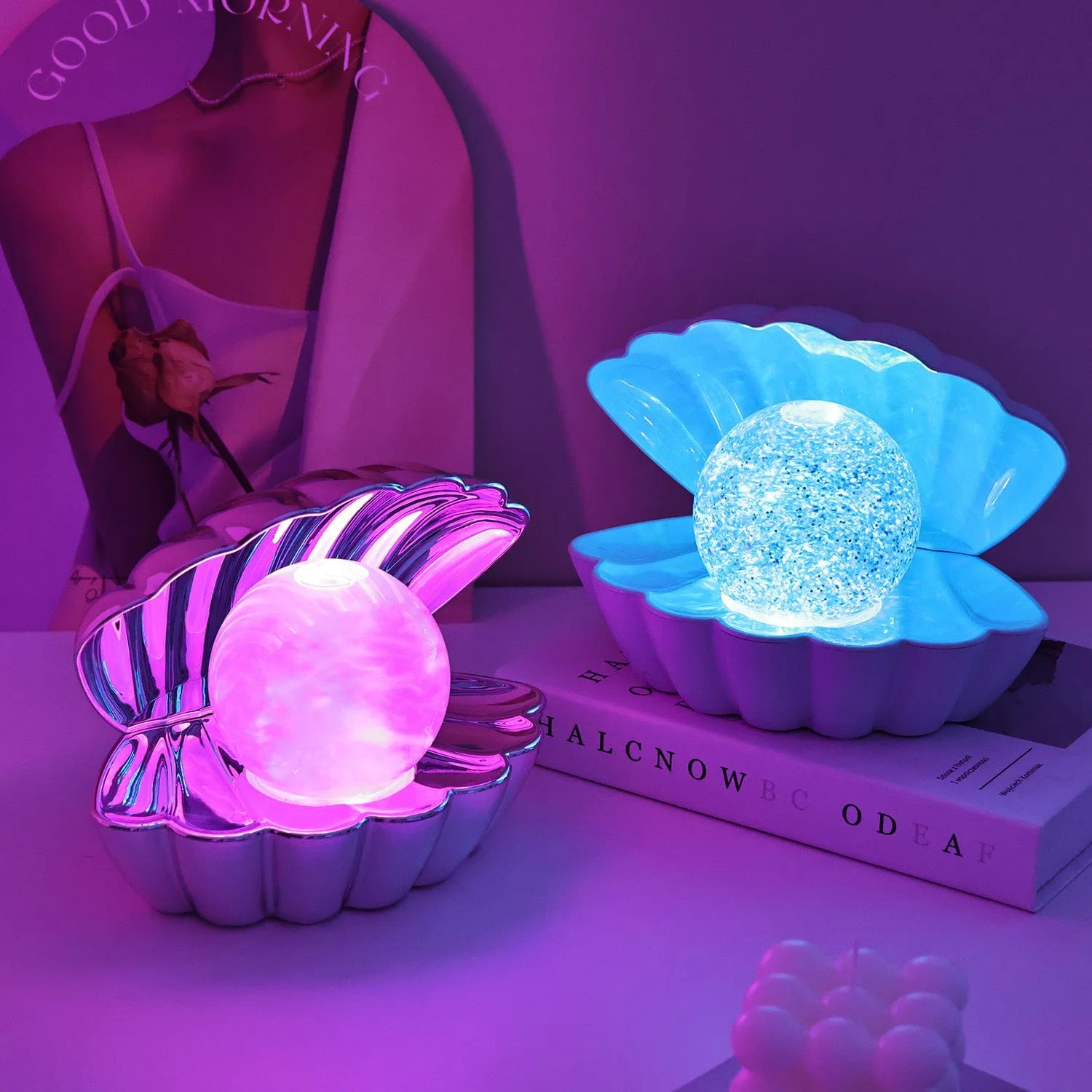 Shell-shaped small night lamp with neon lighting in three colour options