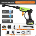 Green cordless high-pressure water gun with adjustable nozzle and accessory attachments