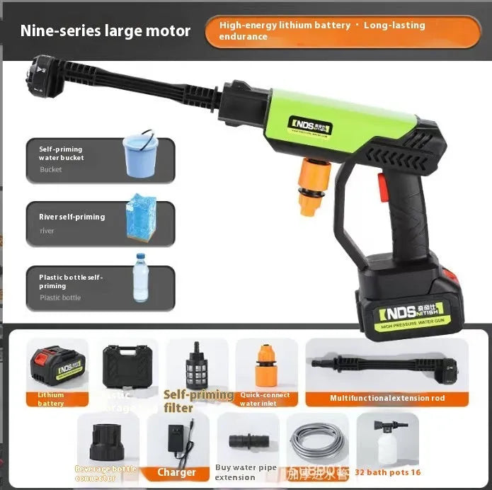 Green cordless high-pressure water gun with adjustable nozzle and accessory attachments