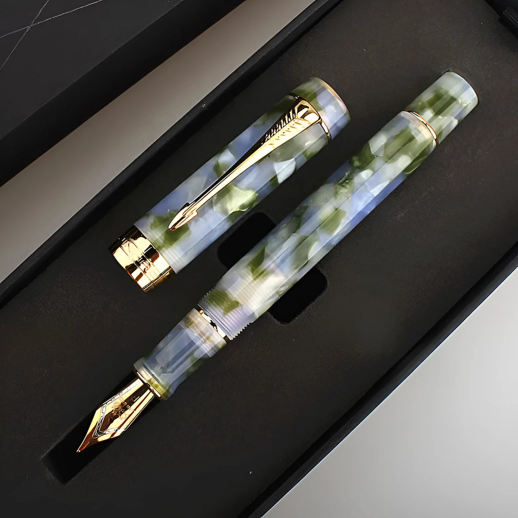 Deep bath green metal pen showing three tip options: 0.5mm F, 0.7mm M, and 1.0mm graphic art