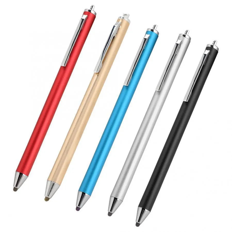 Metal stylus pen with a fine black tip, shown in seven colour options.