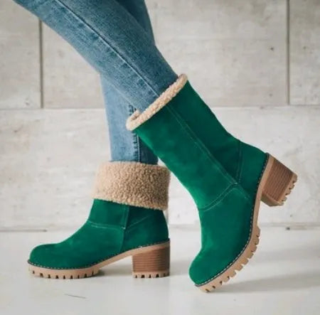 Women's suede mid-calf snow boots with a thick heel and round toe in five colour options.