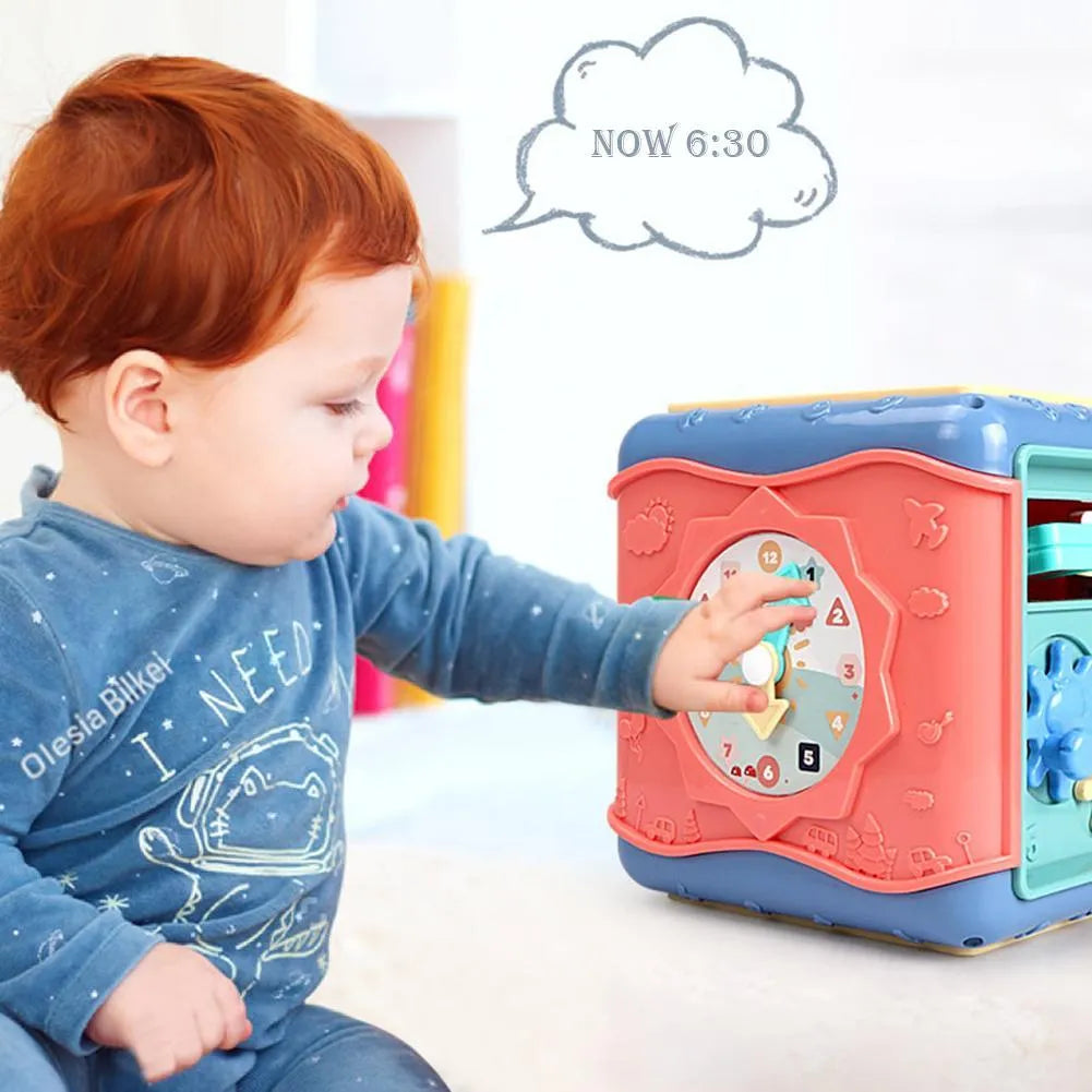 Colourful six-sided Montessori educational toy cube with bead maze, gears, and shape sorting activities