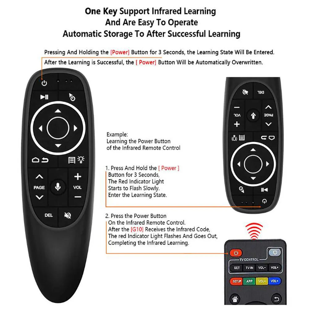 G10S intelligent voice remote control with plastic shell and silicone buttons for Android TV and PC.