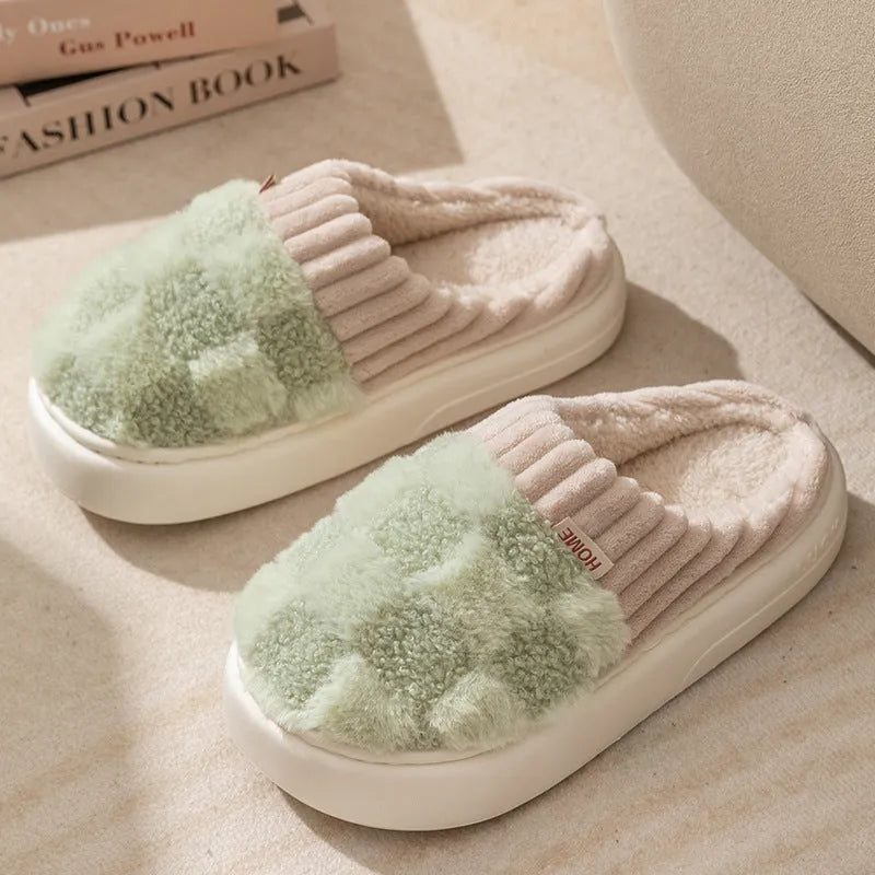 Plaid pattern women's plush indoor slippers with anti-slip soles in multiple colour options