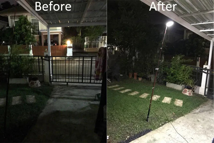 White LED fishing rod light unit mounted on a tall telescopic pole for outdoor portable lighting.