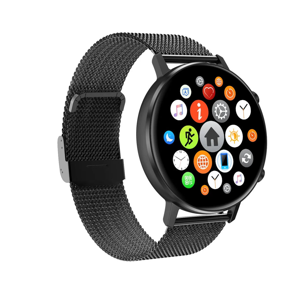 DT96 smart bracelet with 1.3-inch screen on a steel strap, shown in silver.
