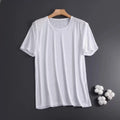 Man wearing a solid colour ice silk short sleeve crew neck T-shirt.