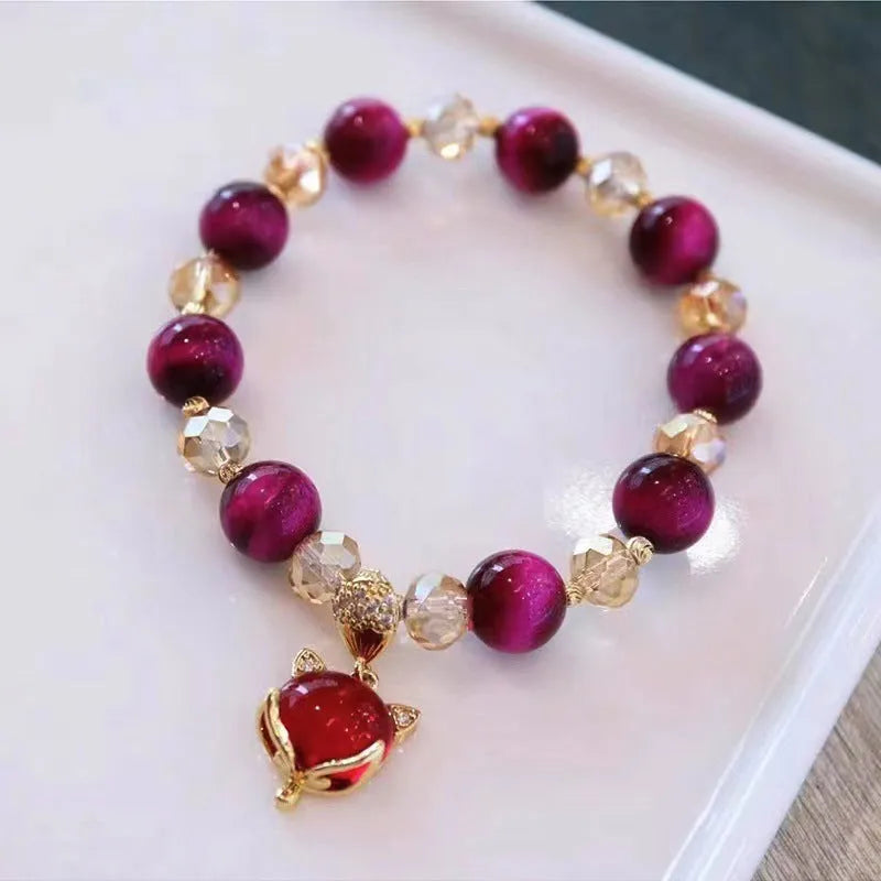 Handmade Vanves stone and tigereye crystal bracelet with double chain in rose red fox style