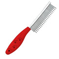 Red pet dematting comb with short and long stainless steel teeth and a plastic handle.