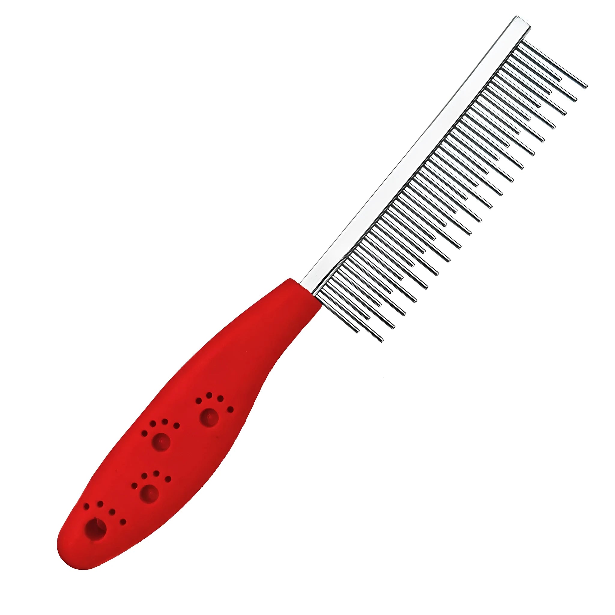 Red pet dematting comb with short and long stainless steel teeth and a plastic handle.