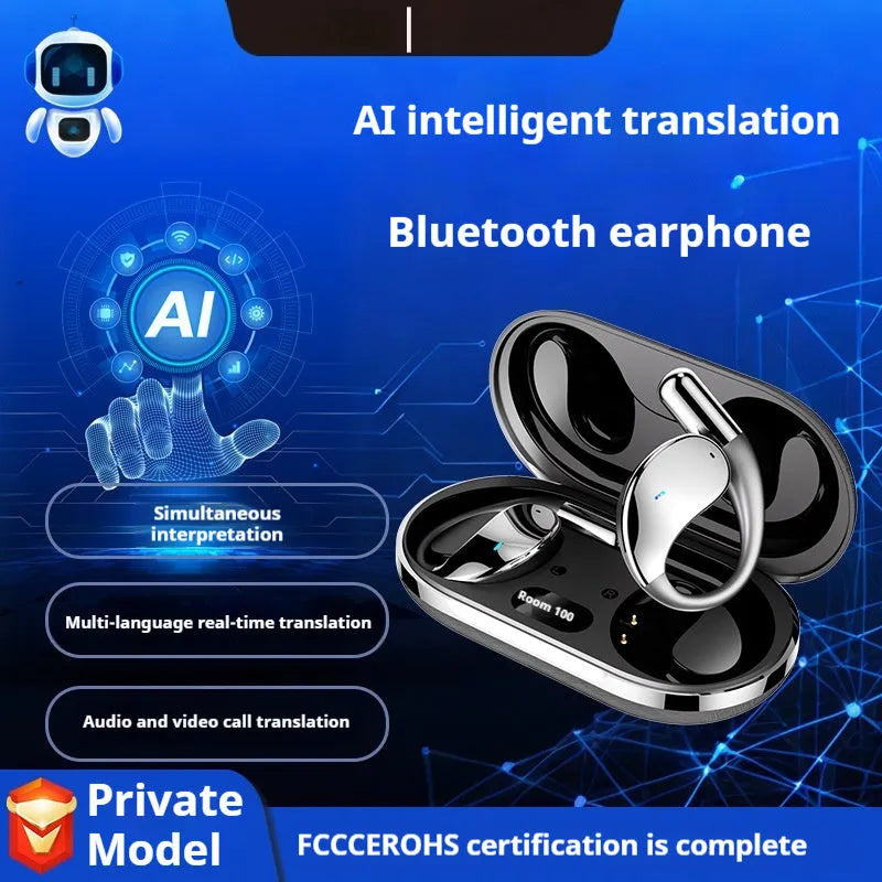 Black sports Bluetooth earphones with hanging ear design showing digital display screen