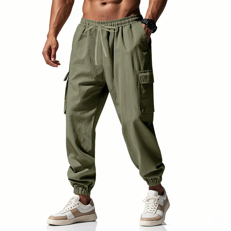Men's linen trousers with ankle ties and multiple pockets in army green colour