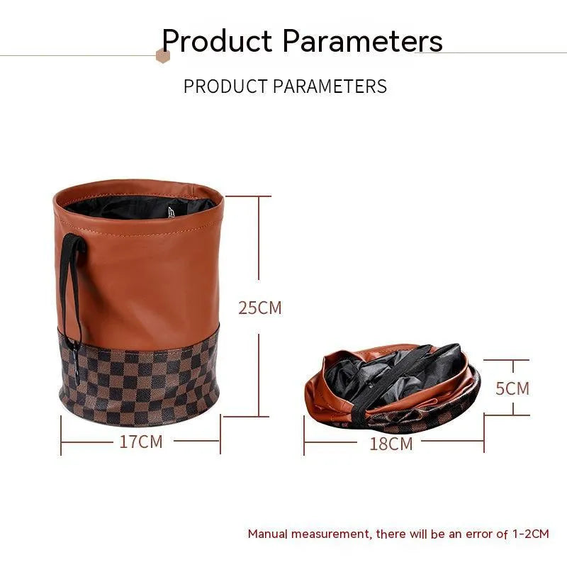 Leather retractable folding car trash can with handle