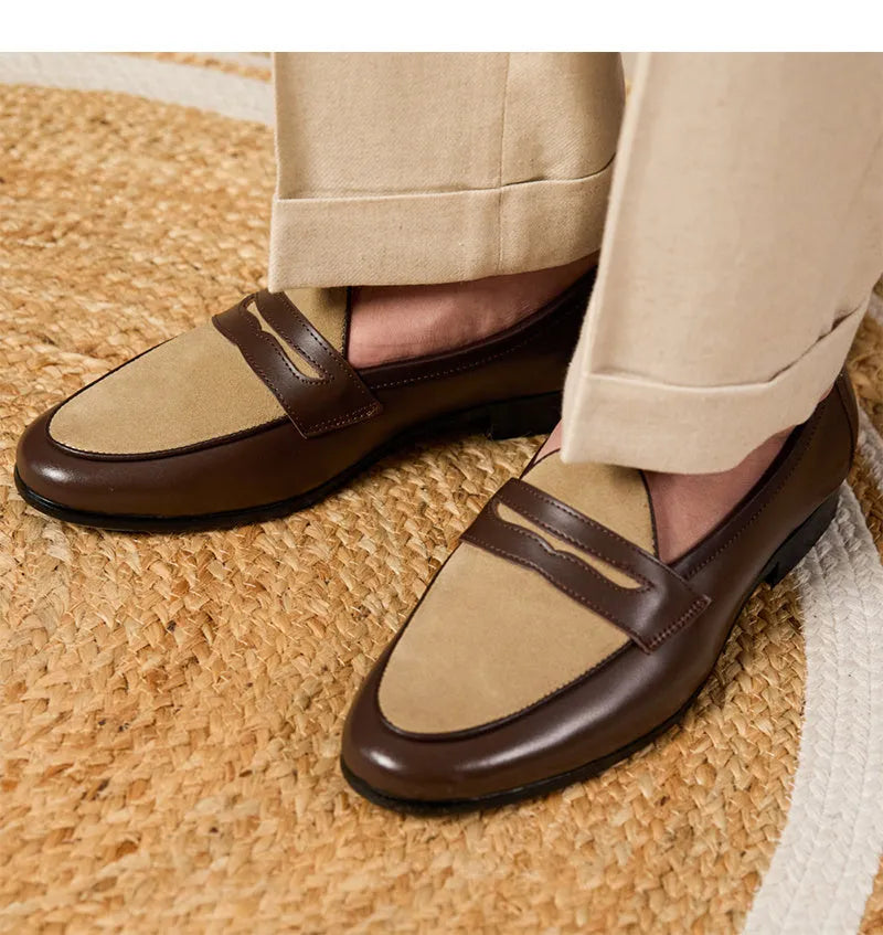 Coffee grey suede Belgian loafers with a slip-on design and rubber sole.