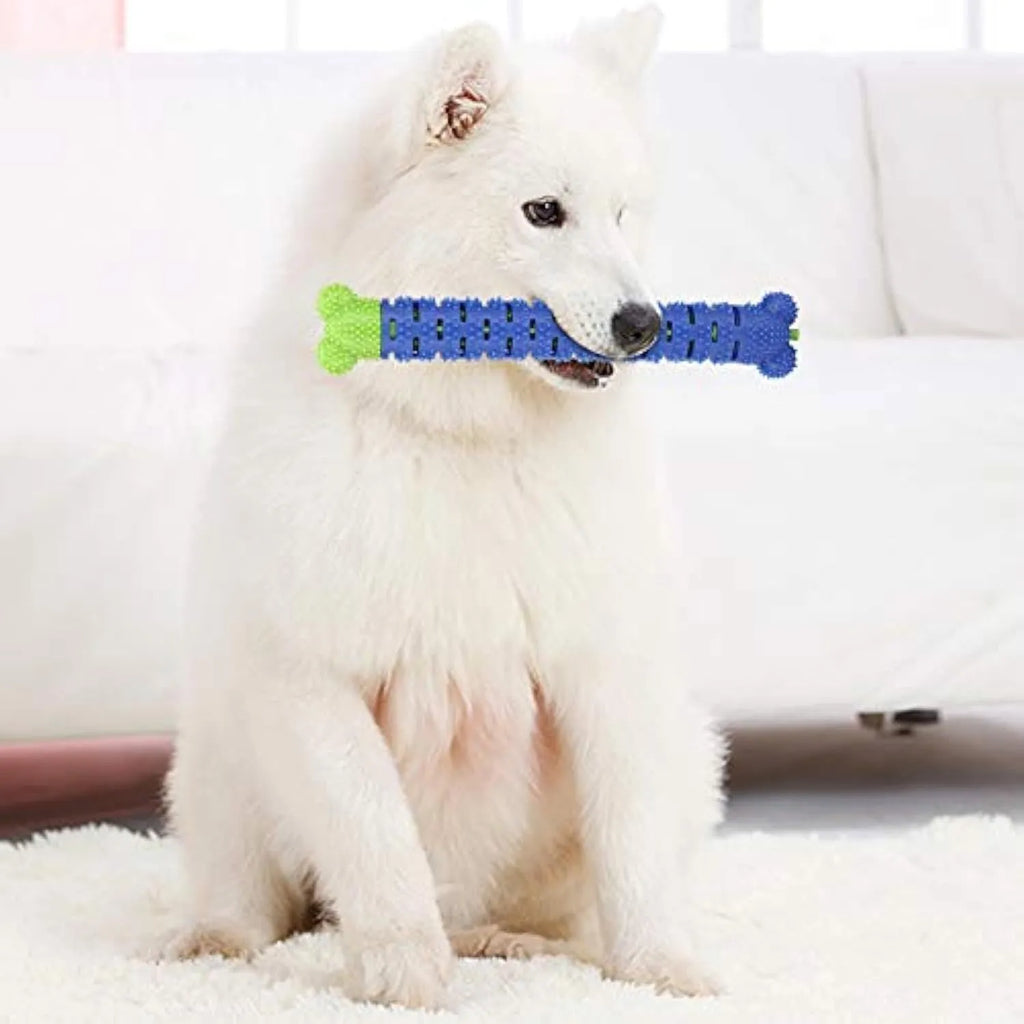 Blue silicone dog teeth cleaning stick with serrated brush head and gum massage nodules