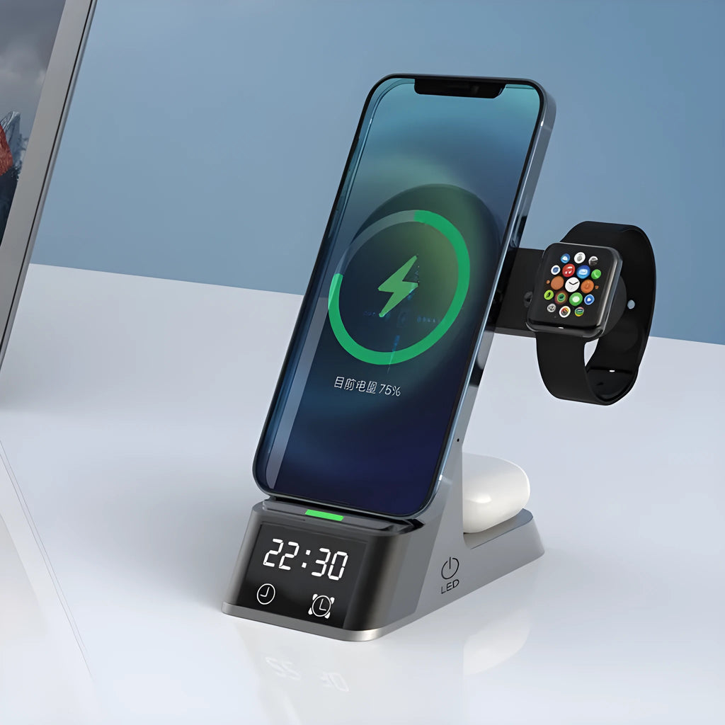 Black multifunctional alarm clock wireless charging station with digital display