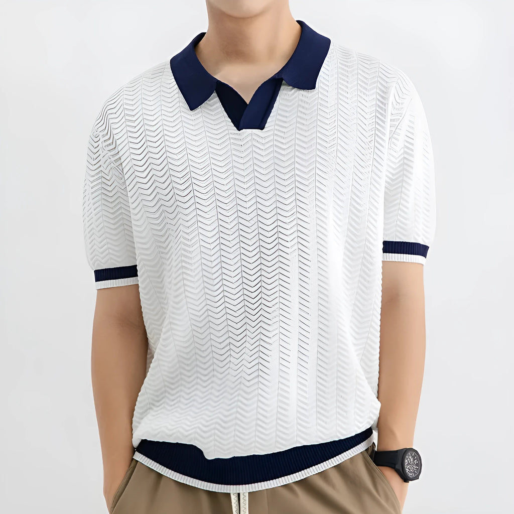 Men's ice silk polo shirt short sleeve regular fit striped pattern in dark green