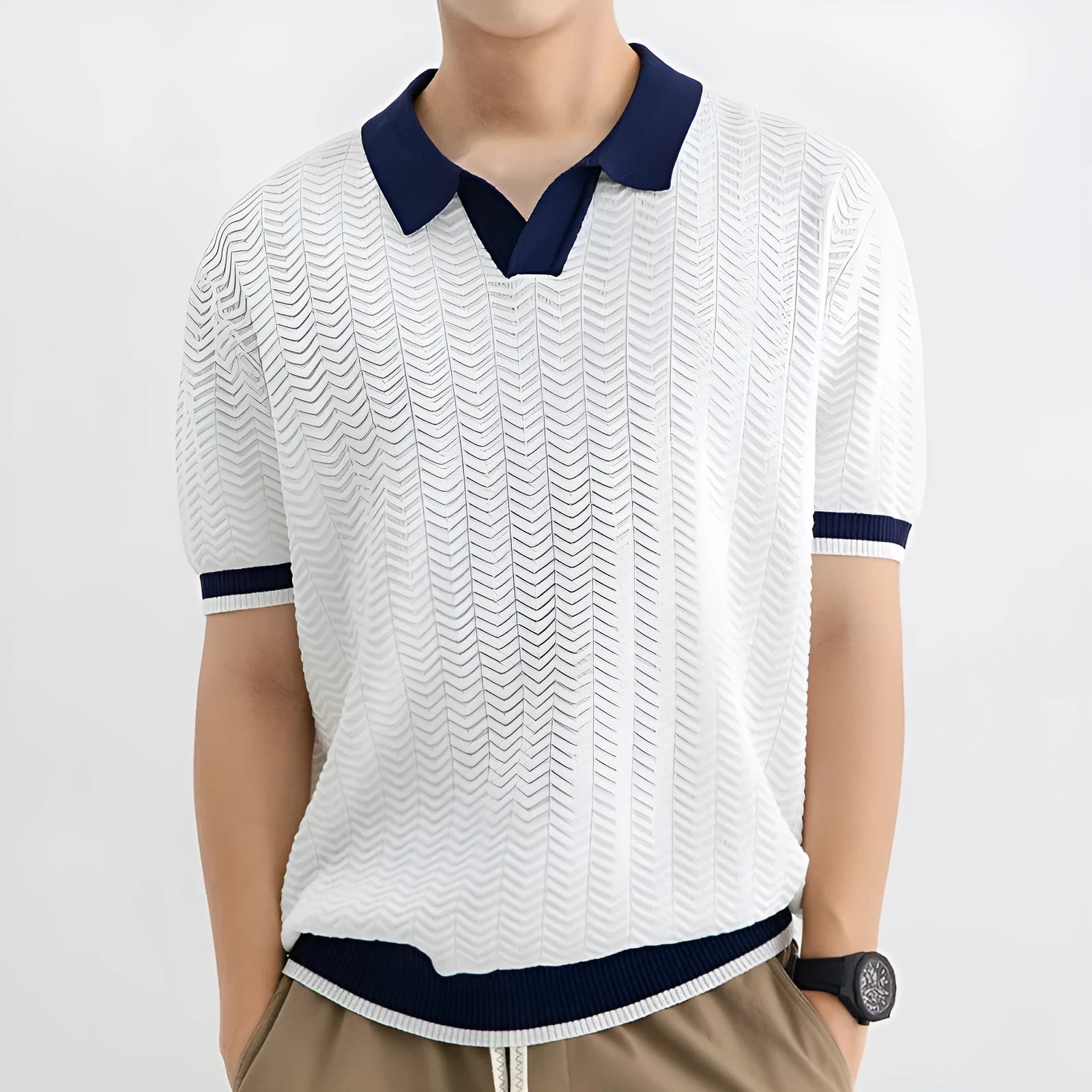 Men's ice silk polo shirt short sleeve regular fit striped pattern in dark green