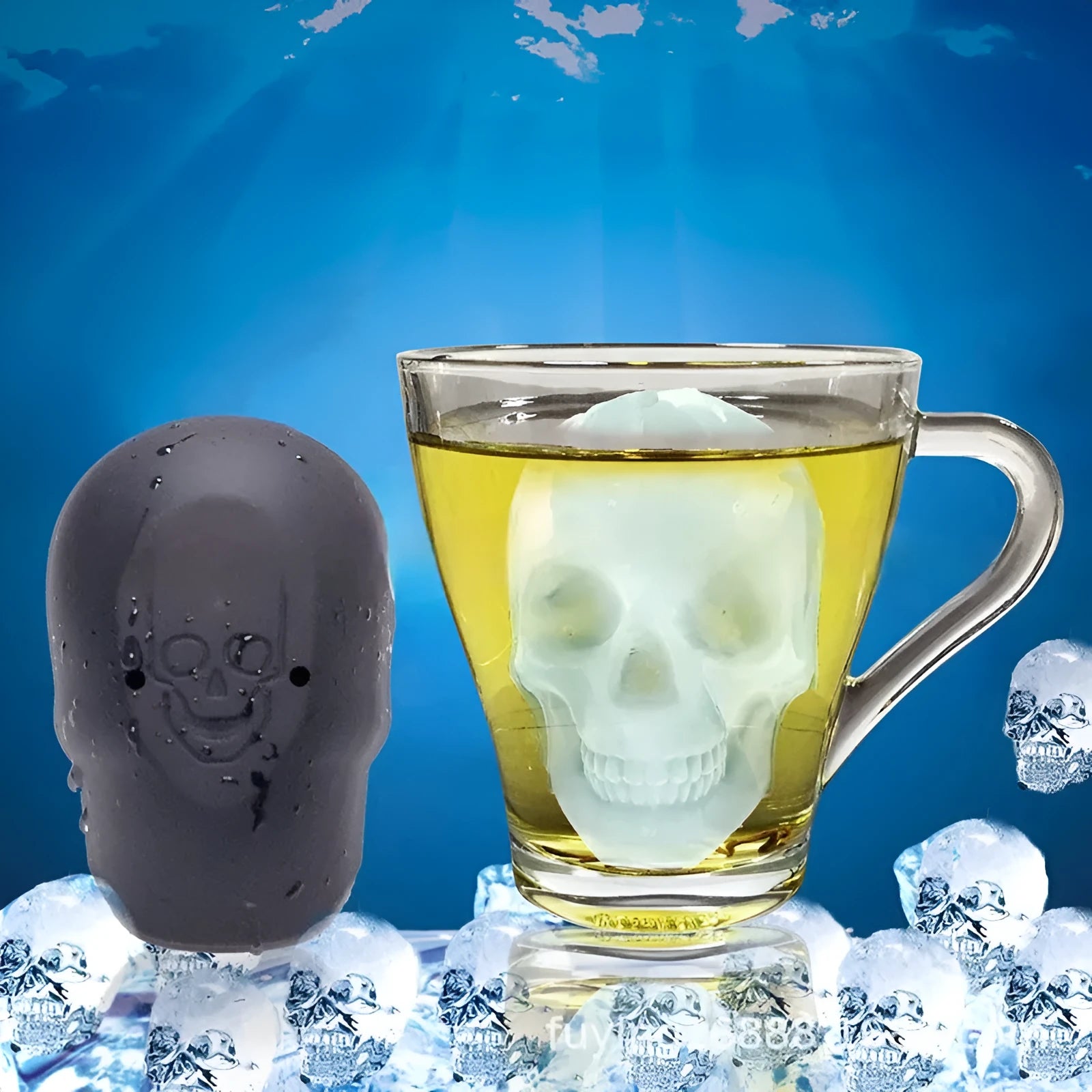 Silicone Halloween skull ice cube tray showing 3D mould cavities
