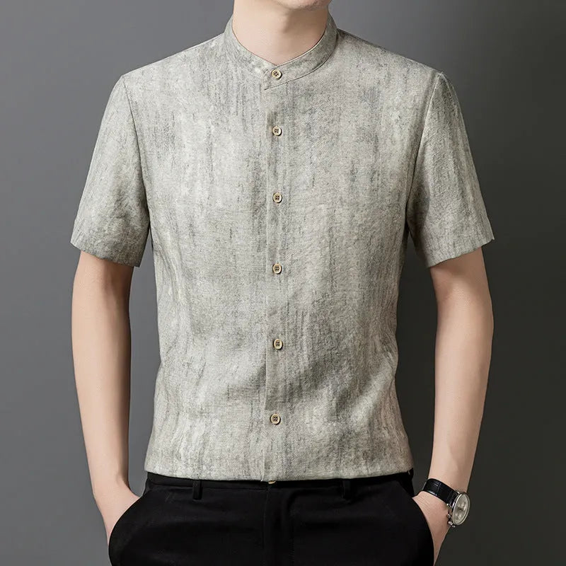 Men's loose fit linen-style shirt with stand collar in viscose blend fabric