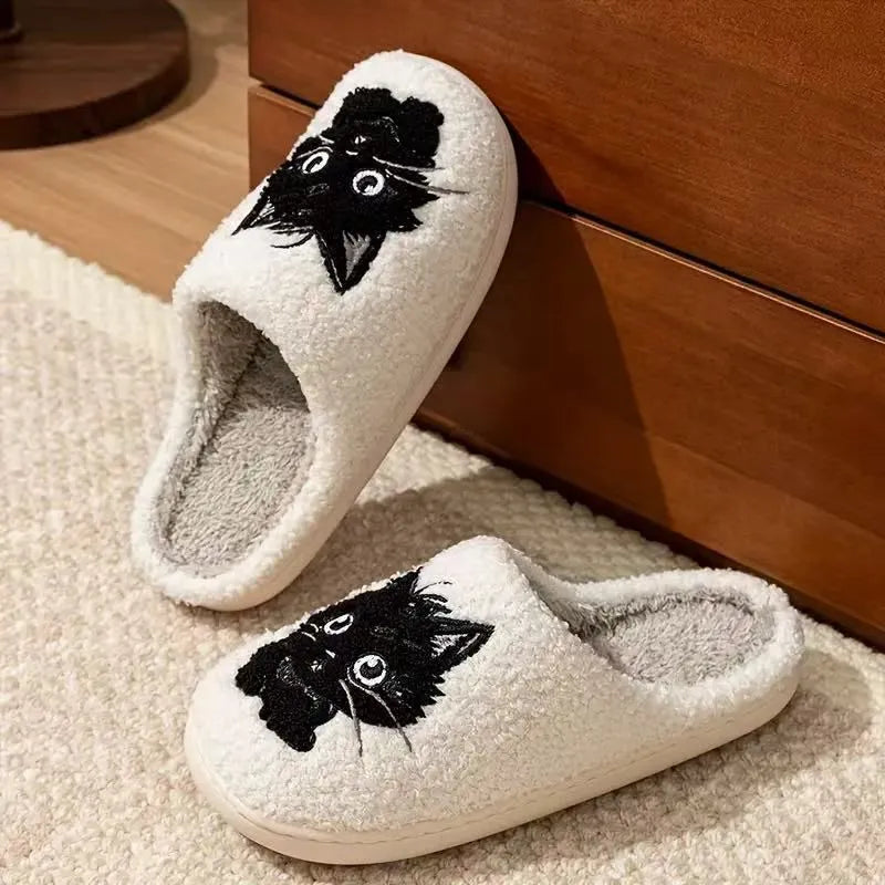 White cotton slippers with black beard cat cartoon pattern and plush upper