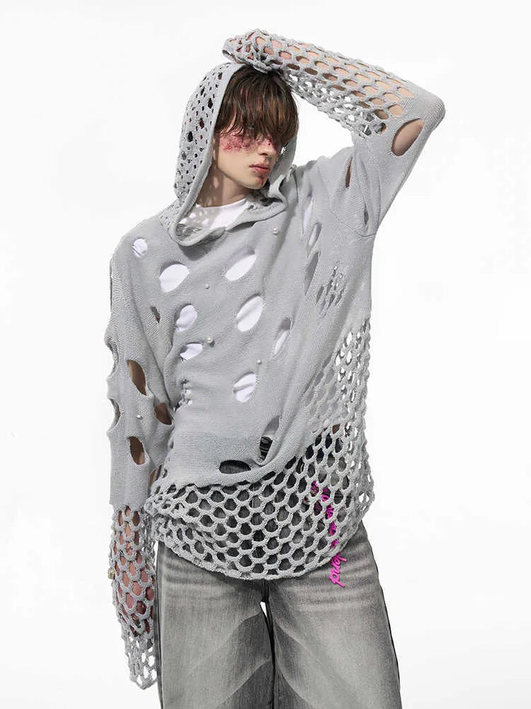 Men's black hollow knit hoodie with pearl decoration on front, loose fit pullover with hood