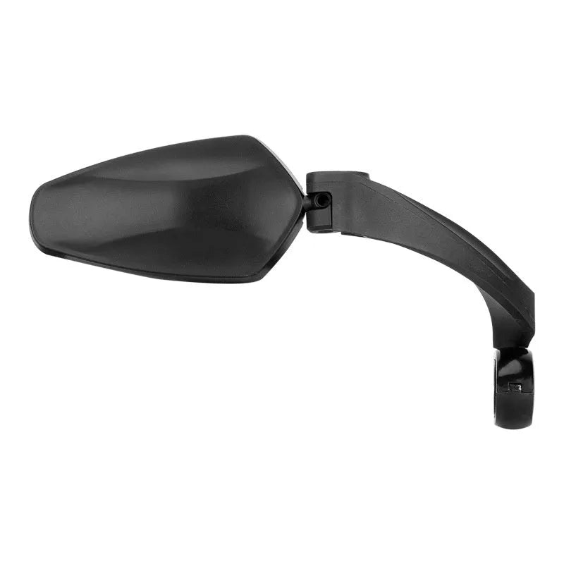 Black mountain bike rearview mirror with rotatable head mounted on bicycle handlebars showing 210mm acrylic surface