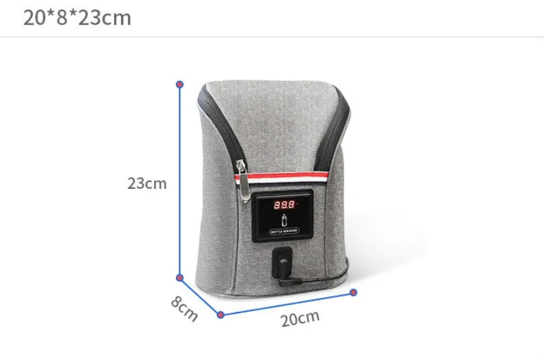 Grey Oxford cloth portable car USB baby bottle warmer showing dual-bottle capacity and electronic temperature display