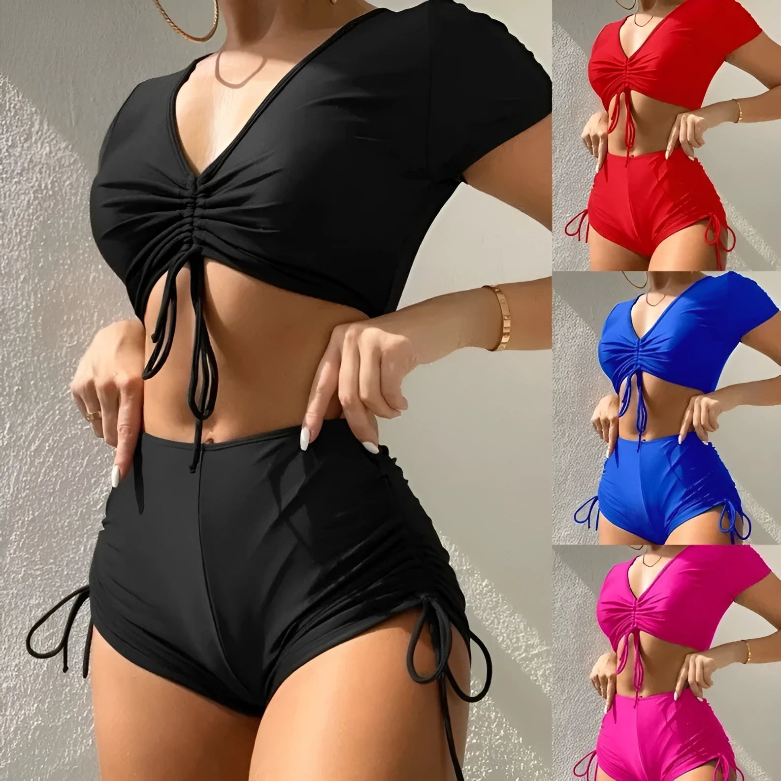 Ladies lace-up front swimsuit with bow detail in six colour options