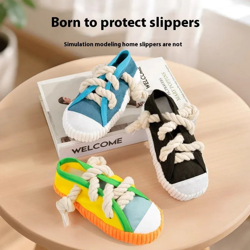 Plastic dog sound slippers toy in three colour variations: rock yellow, black, and sea fog blue