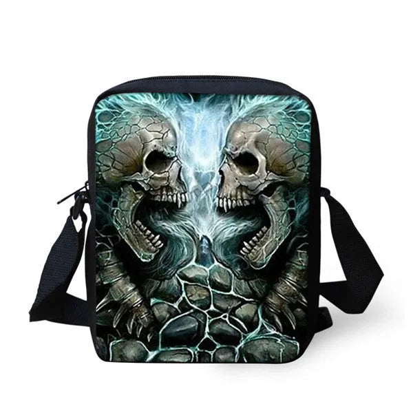 Children's messenger bag with skull pattern design, showing double straps and zipper opening.