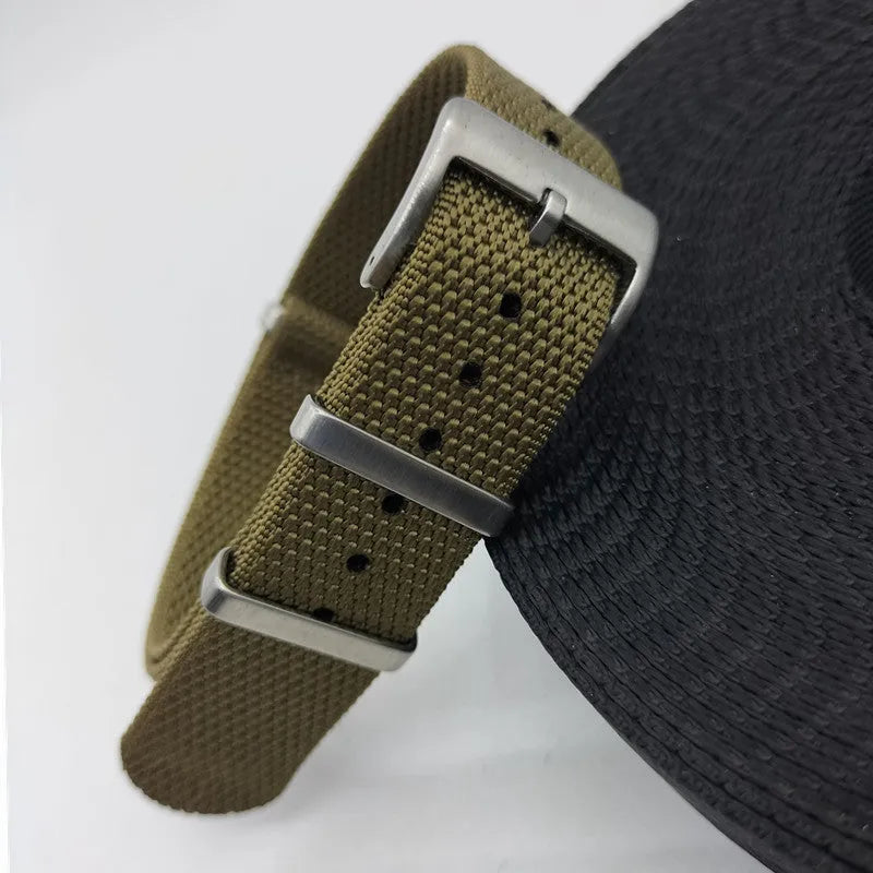 Nylon textile watch strap in Army Green colour showing 20mm width measurement