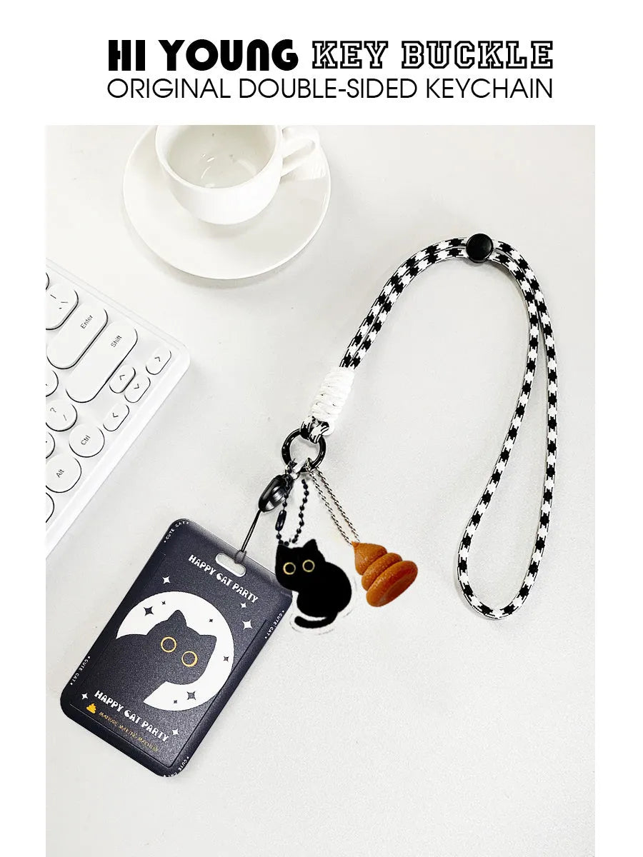 Cartoon little black cat design plastic card sleeve holder with ferrule pendant