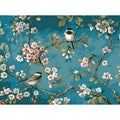Hand-painted abstract oil painting of blue flowers and birds on 40x50cm linen canvas.