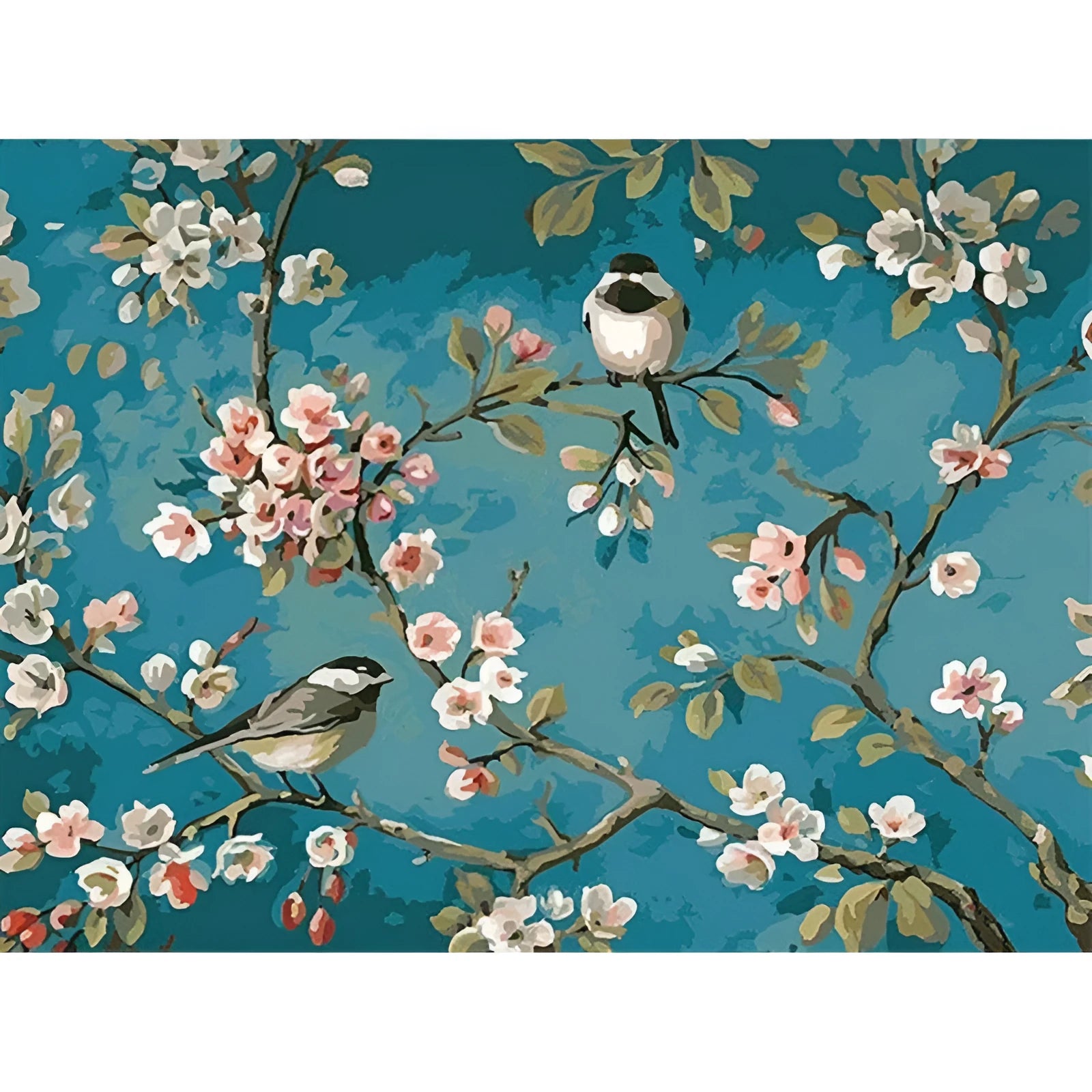 Hand-painted abstract oil painting of blue flowers and birds on 40x50cm linen canvas.