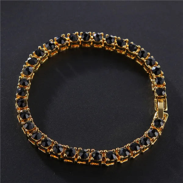 Men's silver alloy Hip Hop bracelet with geometric links, set with a row of clear rhinestone and zirconia charms.