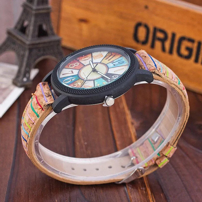 Vintage leather women's quartz watch with 37mm round dial and stainless steel buckle