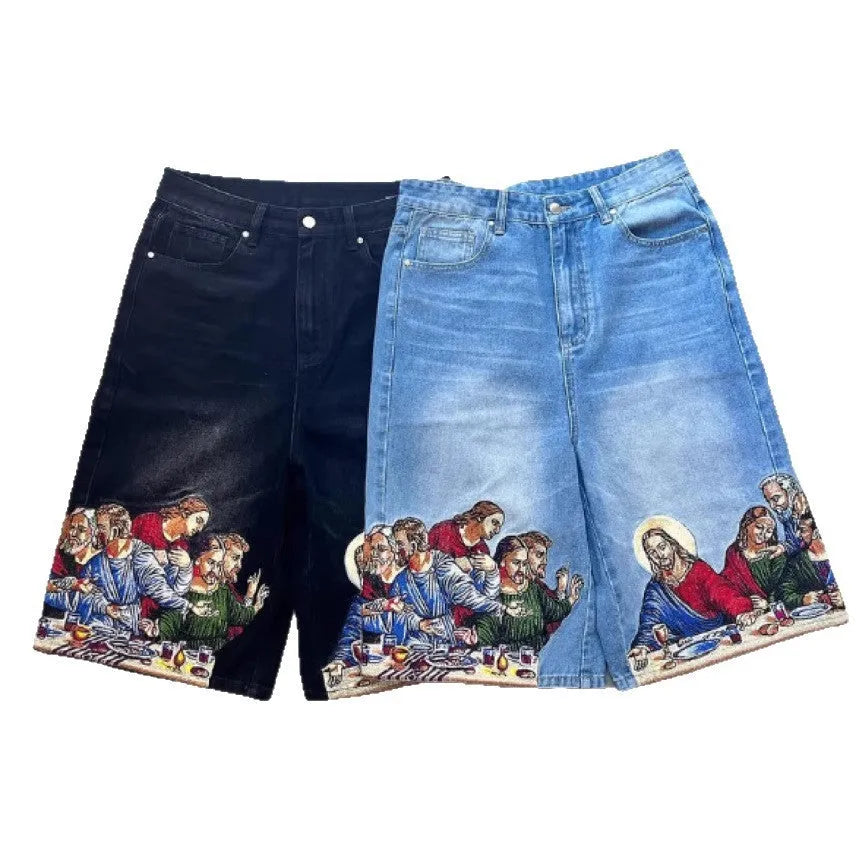 Blue men's casual cotton shorts with a Jesus design printed on the back pocket.
