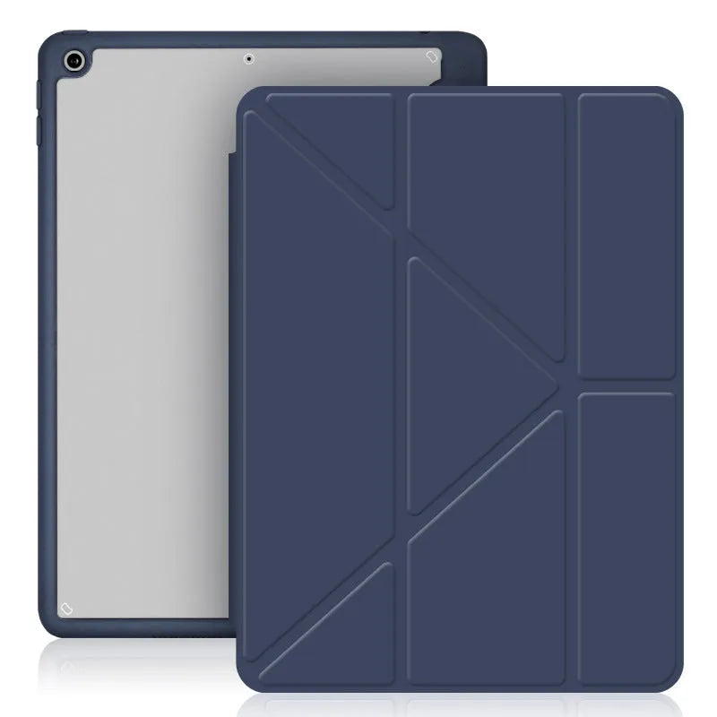 iPad leather case with Y-fold stand in dark grey showing shockproof protection and anti-fingerprint finish