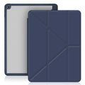 iPad leather case with Y-fold stand in dark grey showing shockproof protection and anti-fingerprint finish