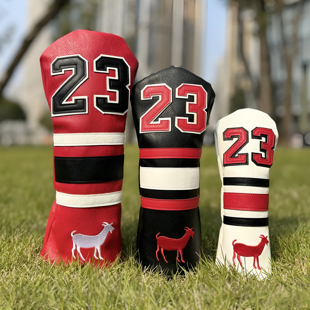 Ram golf club sleeve set showing four PU protectors for wooden pole clubs including chicken drumstick fairway design and square putter cover