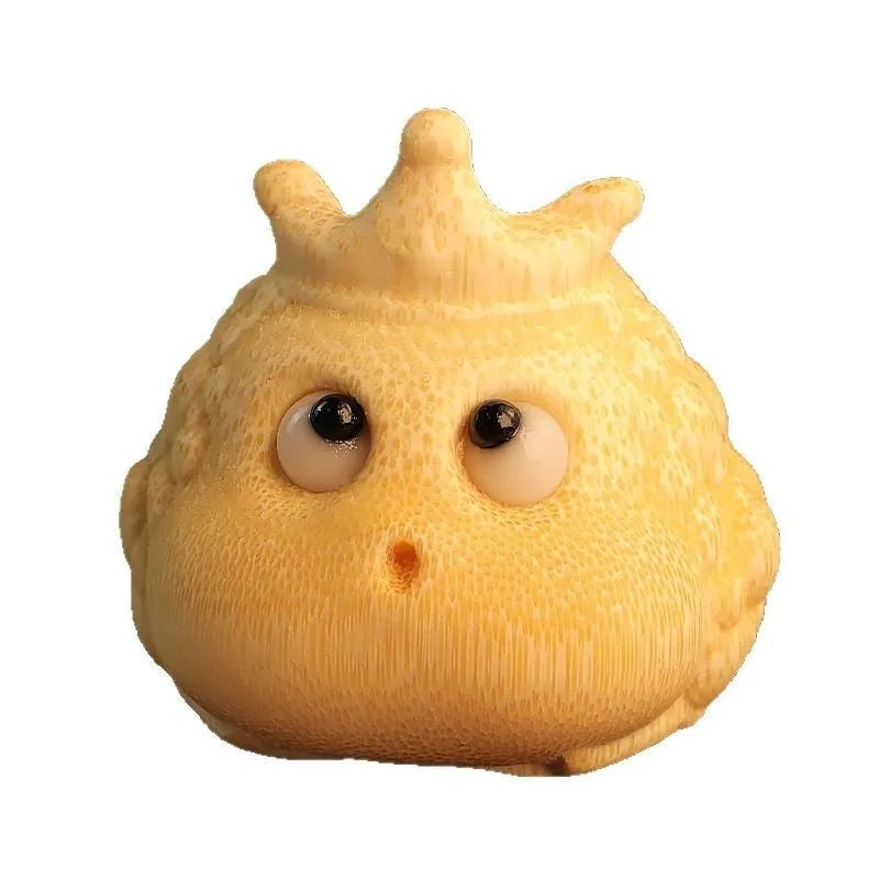 Solid bamboo carving of a Crown Princess Toad ornament with live eyes, 5.0cm.