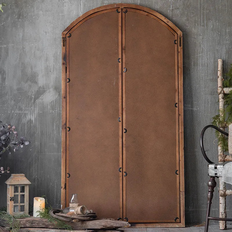 Distressed log colour wooden fake window style wall mirror with rustic frame.